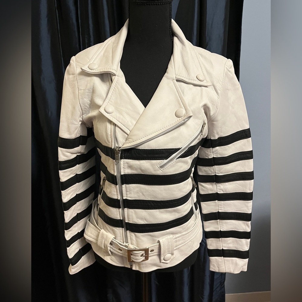 White with Black Stripes Leather Moto Jacket by RL Real Leather Garments